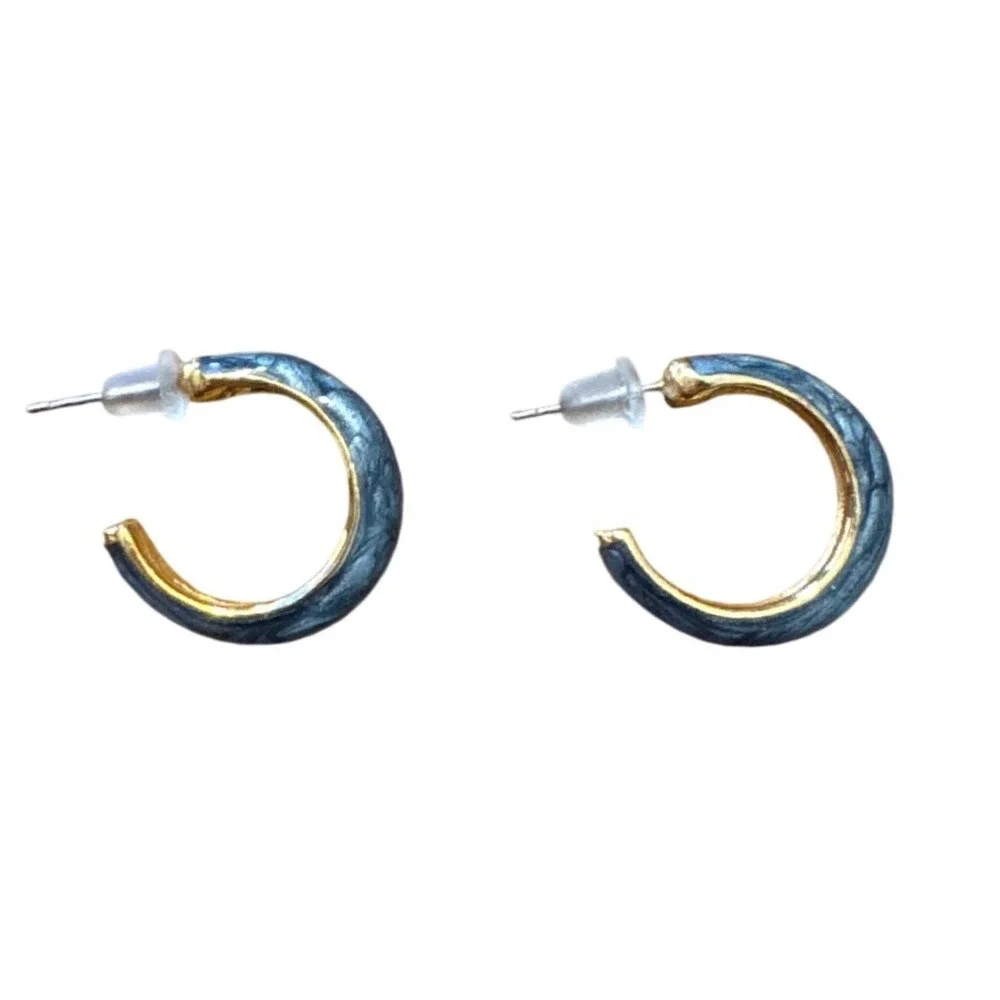 1990s Blue Marbled Enamel Gold Tone C-Hoop Earrings Post Back 0.75‎ Inch